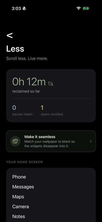 Less app showing time reclaimed and opens avoided