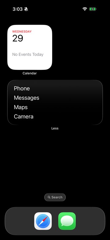 iPhone home screen with the Less widget listing essential apps